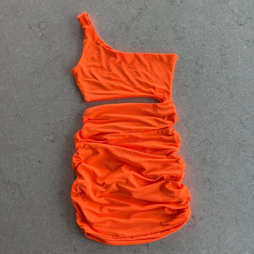SHEIN Unity Neon Orange One-Shoulder Cutout Ruched Bodycon Mini Dress
